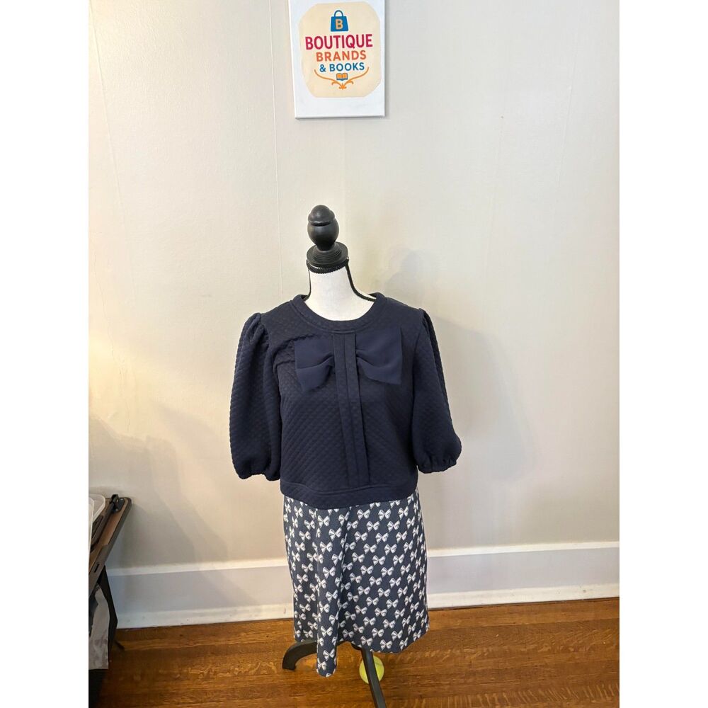 VOY Navy Quilted Bow Detail Puff Sleeve Dress Size Medium